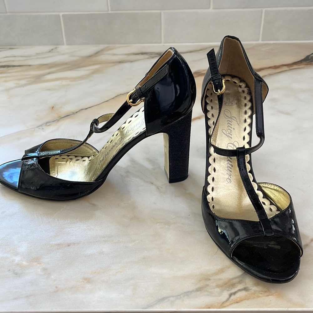 Black patent leather with glitter block heel, Juicy Couture